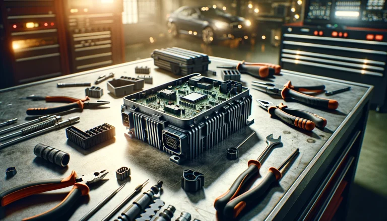 Technician performing ECU repair on a workshop bench, surrounded by diagnostic tools, highlighting intricate circuitry and connectors.