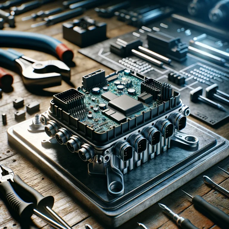 An engine control module (ECU) on a workshop table, undergoing expert repair, with diagnostic tools and components visible.