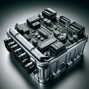 Close-up view of an engine control module (ECU), highlighting its complex circuitry and connectors essential for vehicle performance.