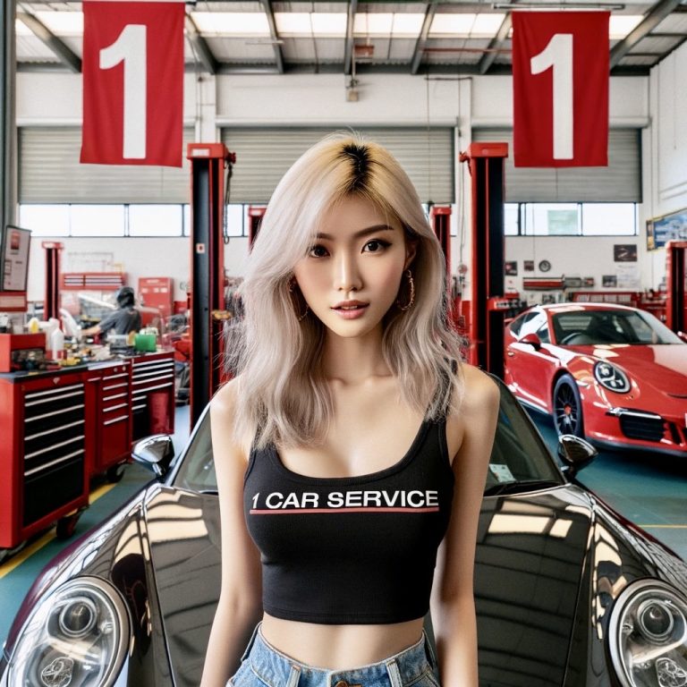 A female model standing confidently in front of a Porsche, highlighting expert Porsche servicing at a leading Porsche workshop.